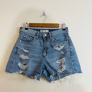 Garage Denim Hi-Rise Distressed Mom Shorts 25 Blue Pockets